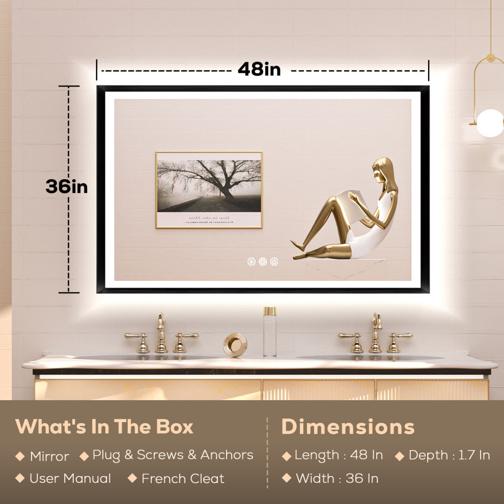 LED Vanity Mirror With Lights Metal Framed Front & Backlit, Dimmable, Black, 48x36