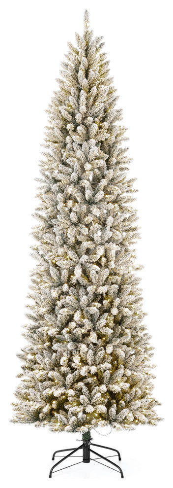9ft Pre-Lit Flocked Pencil Fir Artificial Christmas Tree With 600 Warm Light