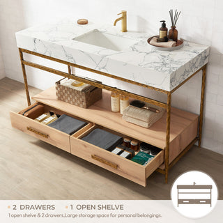 Dhaka Bath Vanity, Stone Top, No Mirror, Yellow Bronze Base, 55", Single Vanity