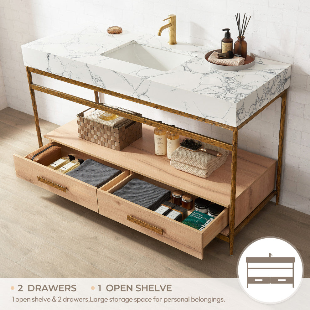 Dhaka Bath Vanity, Stone Top, No Mirror, Yellow Bronze Base, 55", Single Vanity