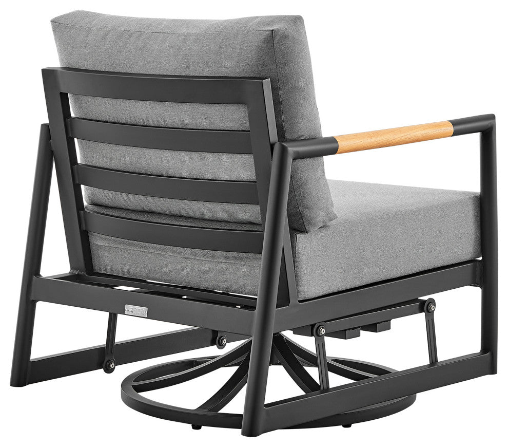 Royal Outdoor Swivel Glider Chair, Black Aluminum And Teak With Cushions