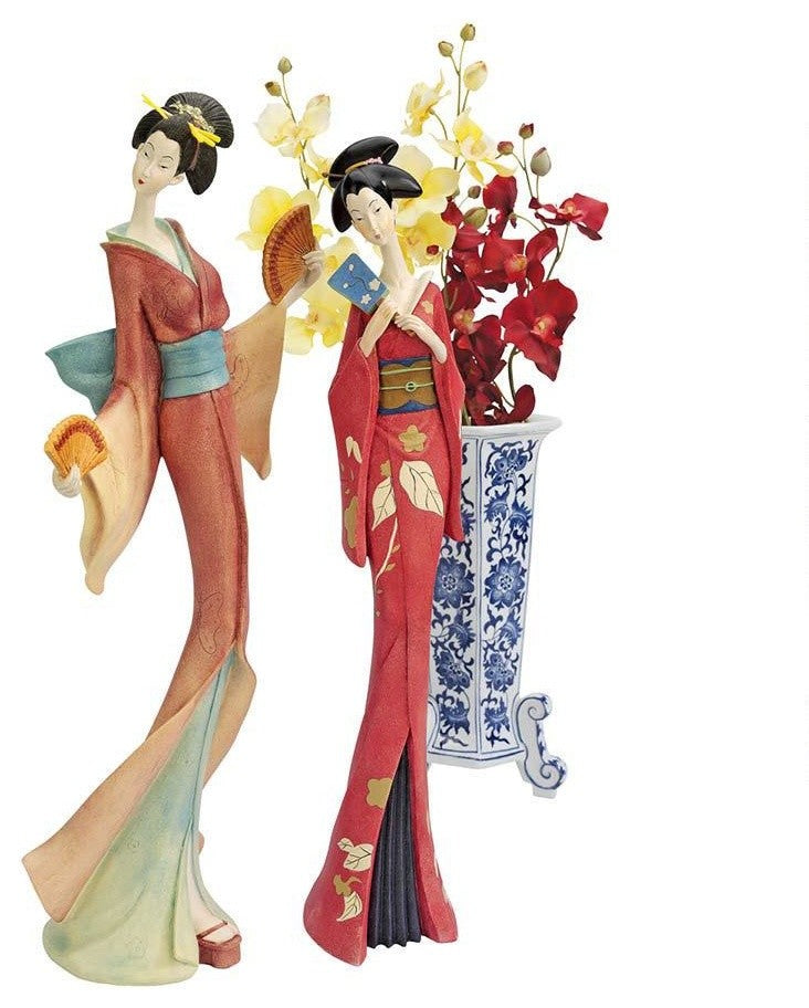 Japanese Maiko Geisha Fan Dancer Statues - Set of 2