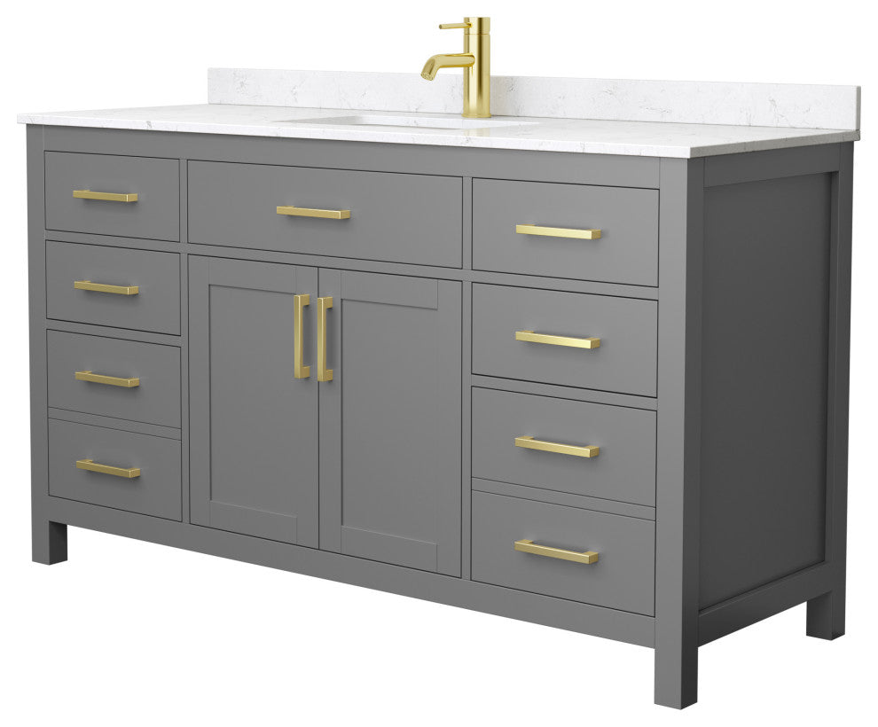60"SGL Vanity Dark Gray, Carrara Cult. Marble Countertop, Sink, Gold Trim