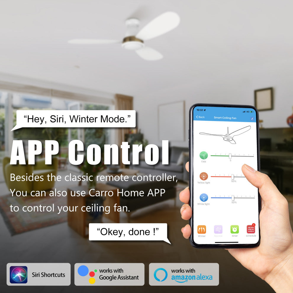 CARRO 52" Flush Mount Ceiling Fan with Dim Light and Remote 10 Speed, White/Gold