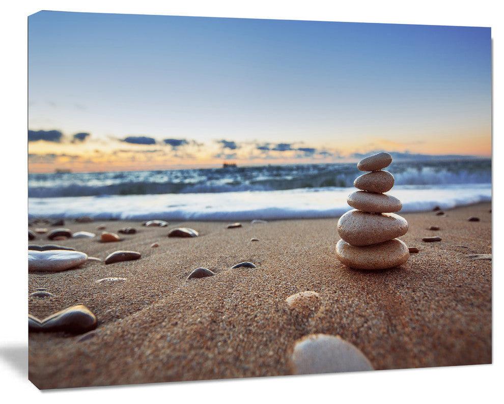 Stones Balance on Sandy Beach, Seashore Canvas Art Print, 60"x28"