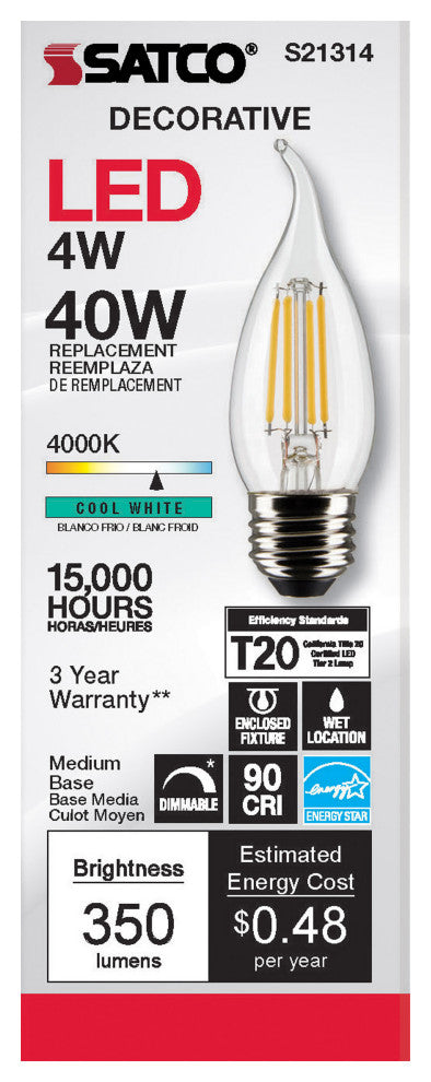 4W CA10 LED, Clear, Medium Base, 90 CRI, 4000K, 120V