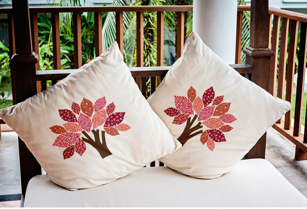Printed Quilt Tree Indoor/Outdoor Throw Pillow, Fuschia, 18"x18"