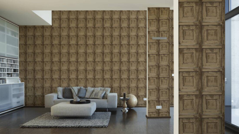 Loft Nature Textured Wallpaper, Wooden Door Boxes, Beige Light Brown, One Roll