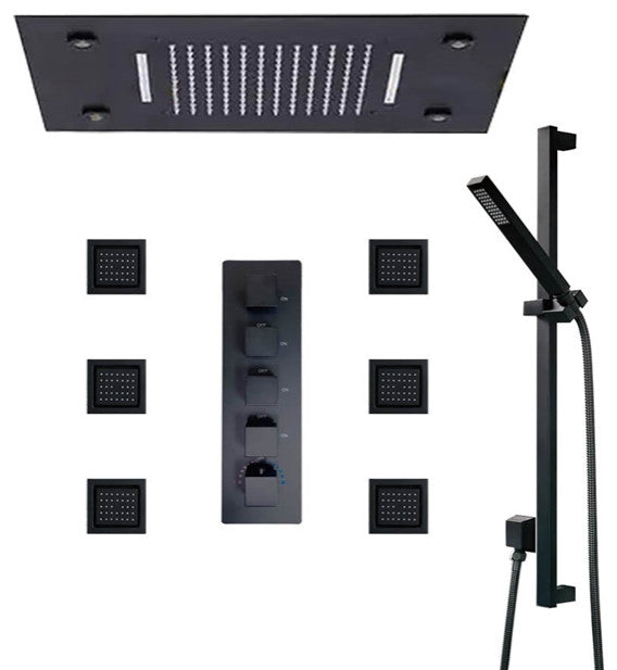 LED 20"x14in Rainfall Shower System With Handheld Shower and 6 Body Jets, Black