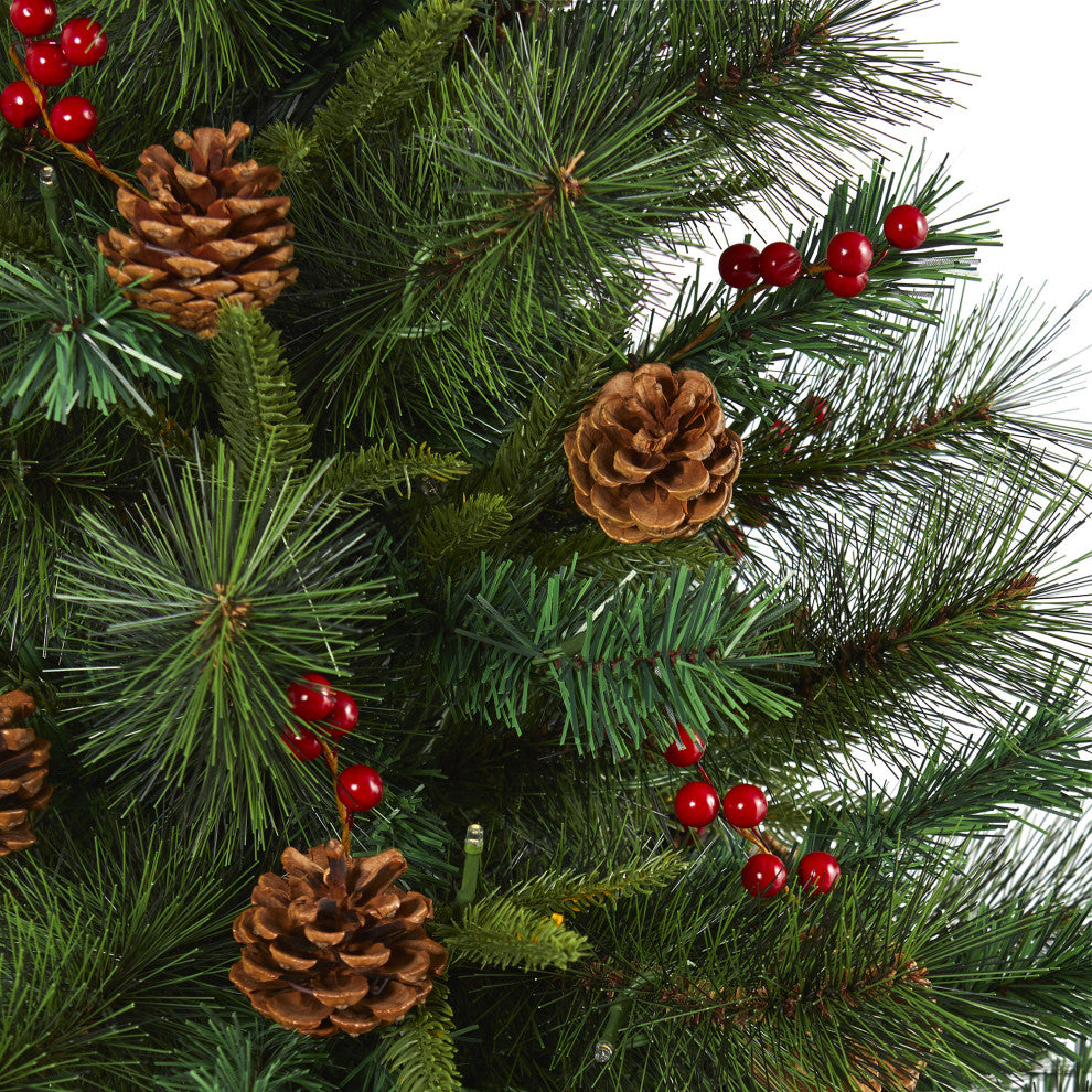 5' Mixed Pine Faux Xmas Tree With 150 Clear LED Lights, Pine Cones and Berries
