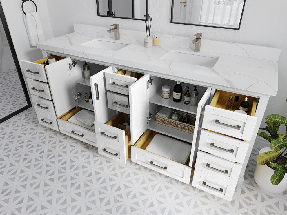 Boston 84 Double Sink Bath Vanity in White 2" Calacatta Laza