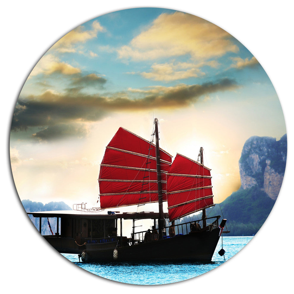 Chinese Sailing Ship, Seashore Round Metal Wall Art, 11"