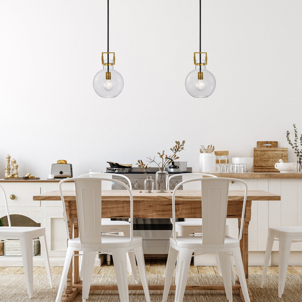 1-Light Black and Antique Gold 10in. Globe Shaped Clear Glass Pendant