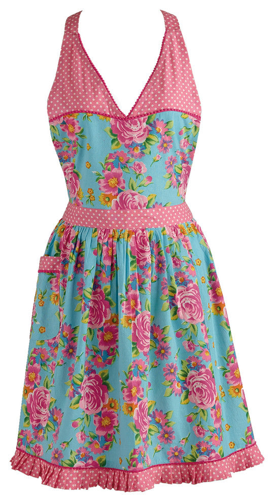 Blue Floral and Pink Polka Dot Vintage Apron
