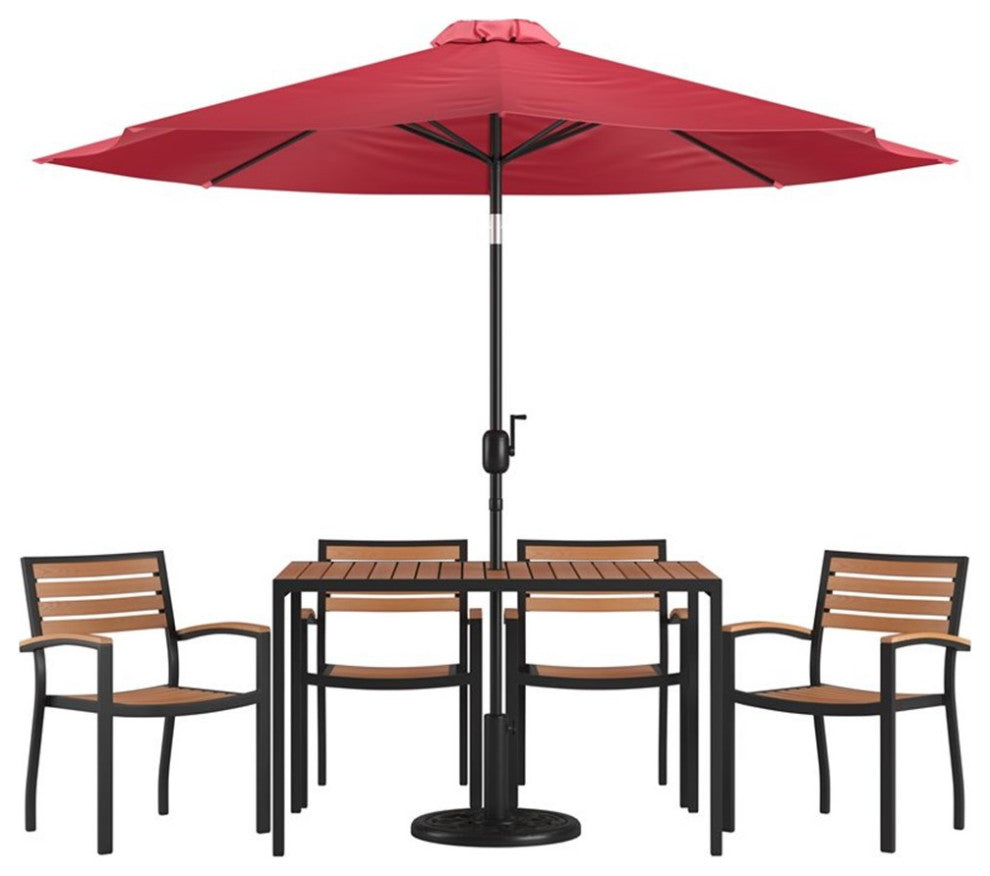 Lark 7 Pc Patio Dining Set-4 Stackable Chairs, 30"x48" Table & Umbrella w/Base,