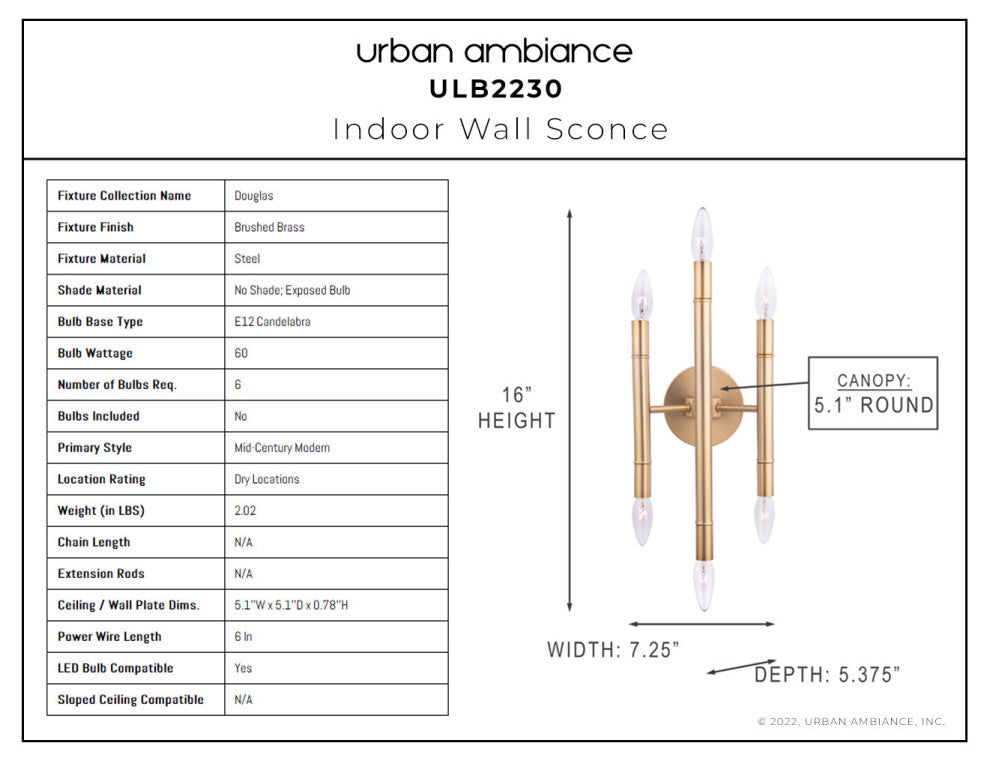 Luxury Mid-Century Modern Wall Sconce, Brushed Brass, ULB2230