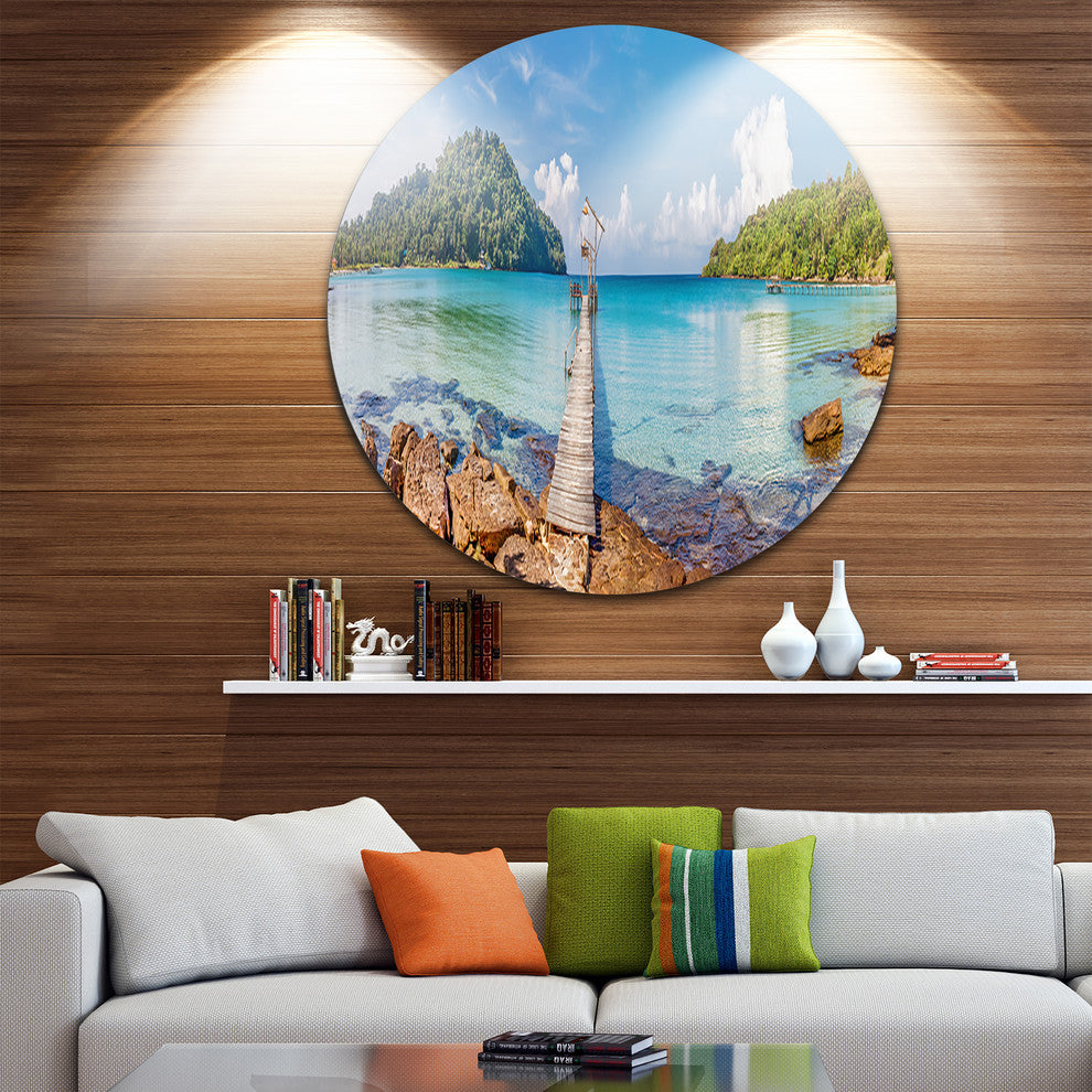 Pier To The Island Panorama, Landscape Photo Round Wall Art, 23"