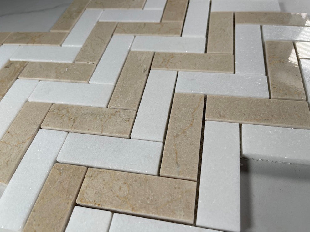 Crema Marfil Thassos White Marble 1x3 Herringbone Wall Floor Tile, 1 sheet