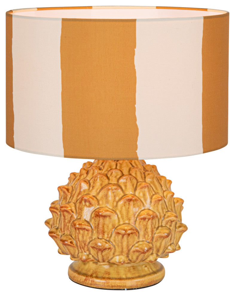 60 Watt Artichoke Finial Stoneware Table Lamp, Mustard and Cream Color, Set of 2