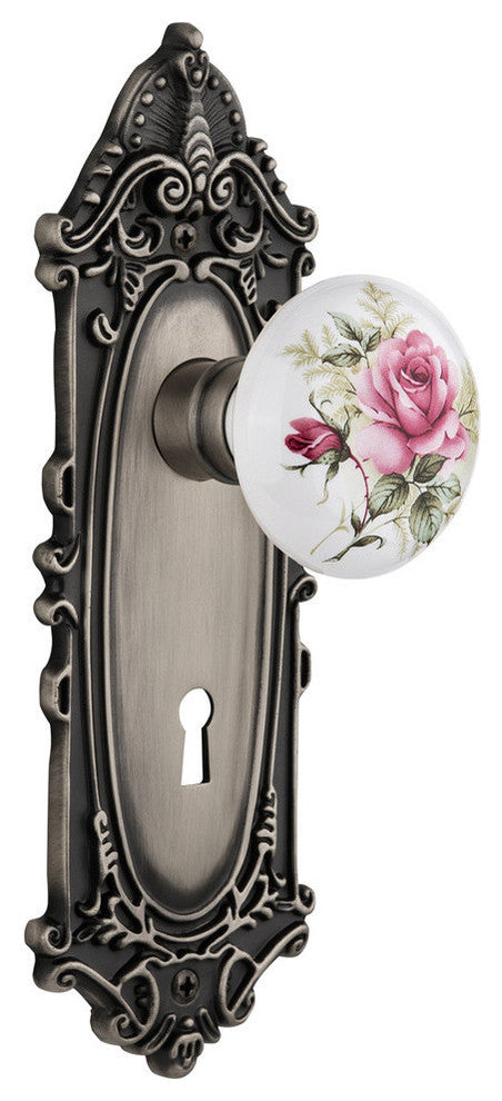 Double Victorian Plate With Rose Porcelain Knob, Antique Pewter