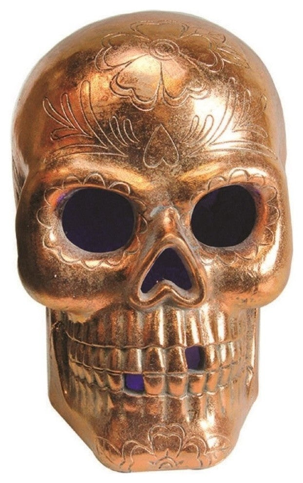 14" LED Lighted Metallic Day of the Dead Skull Halloween Decoration