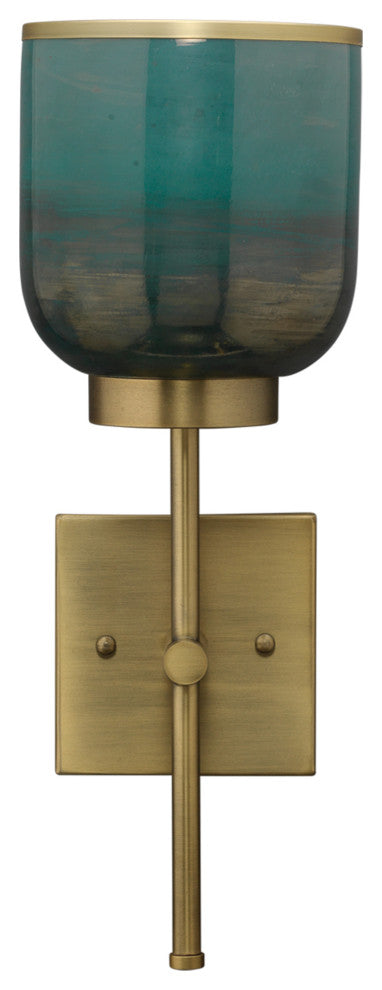 Jaime Young Vapor Single Sconce, Antique Brass and Aqua Metallic Glass