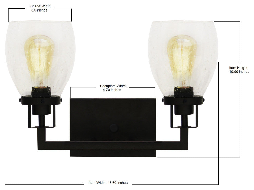 Jordan 2-Light Vanity Light, Matte Black With Clear Seeded Glass Shades
