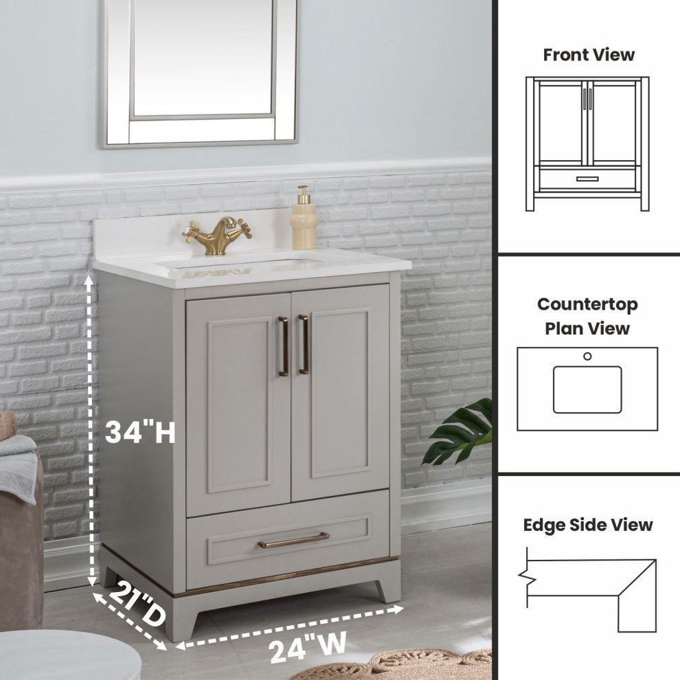 Albia Collection 24" Bathroom Vanity With Quartz Countertop and Ceramic Sink, Gray