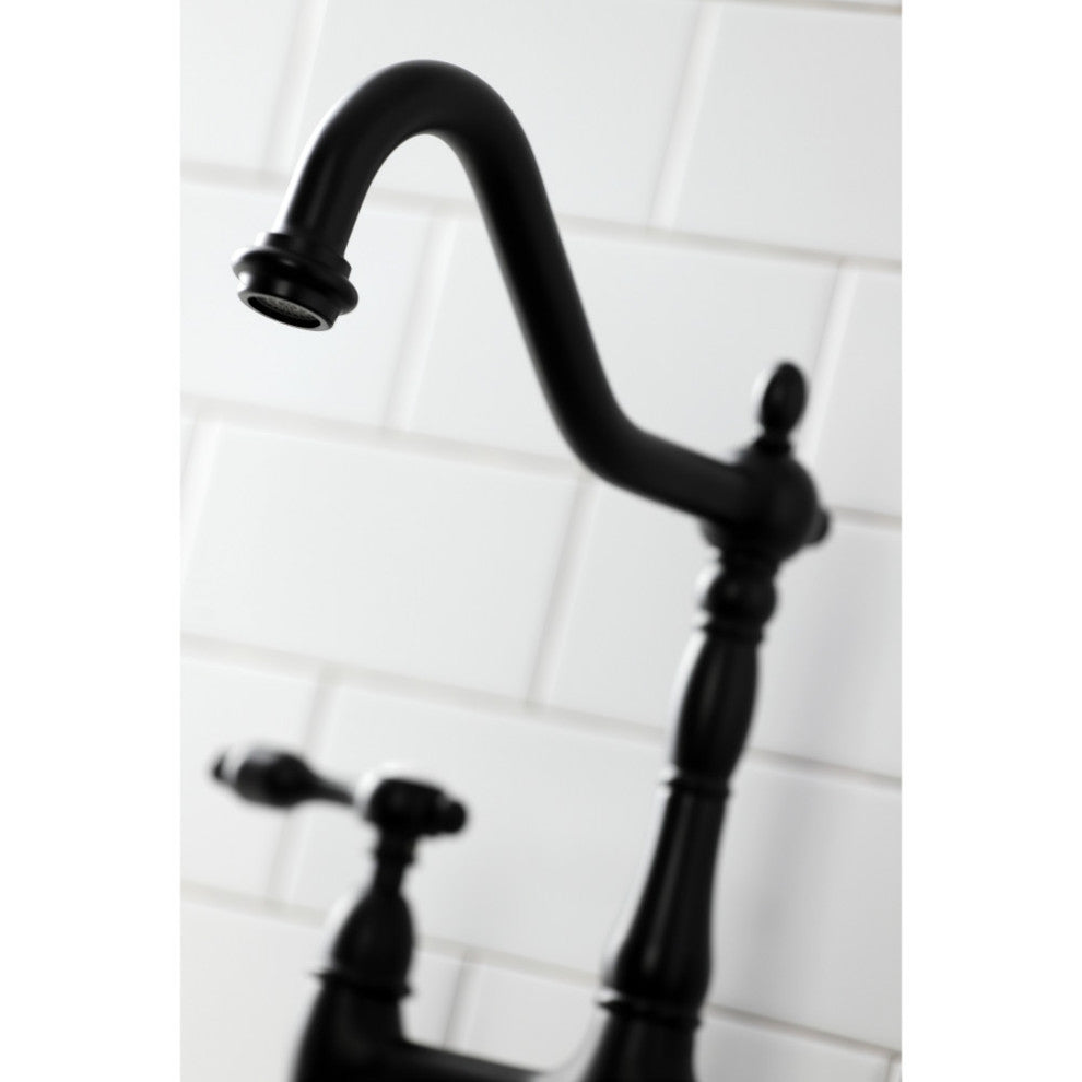 KS1270TALBS Tudor Bridge Kitchen Faucet With Brass Sprayer, Matte Black