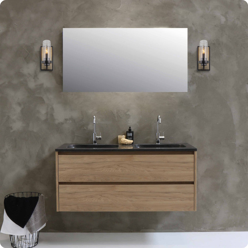 Kira Home Sierra 11" Wall Sconce + Glass Shade, Smoked Birch Wood Style + Black