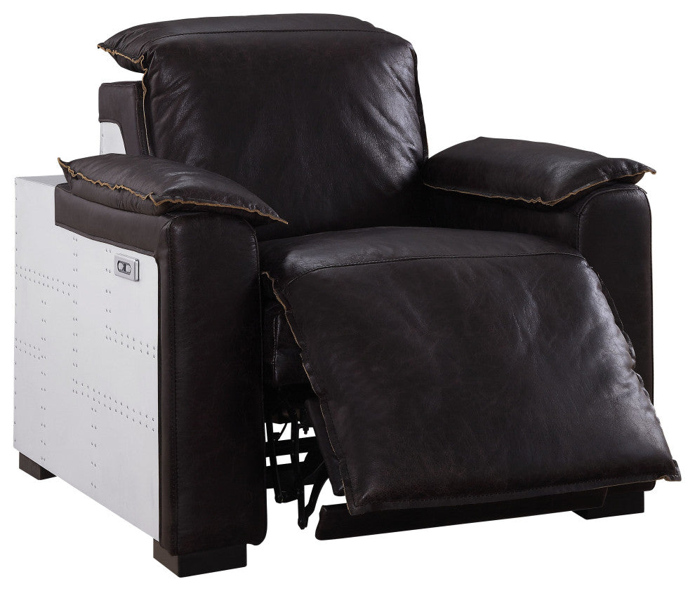 Acme Nernoss Power Motion Recliner Dark Grain Brown Leather and Aluminum