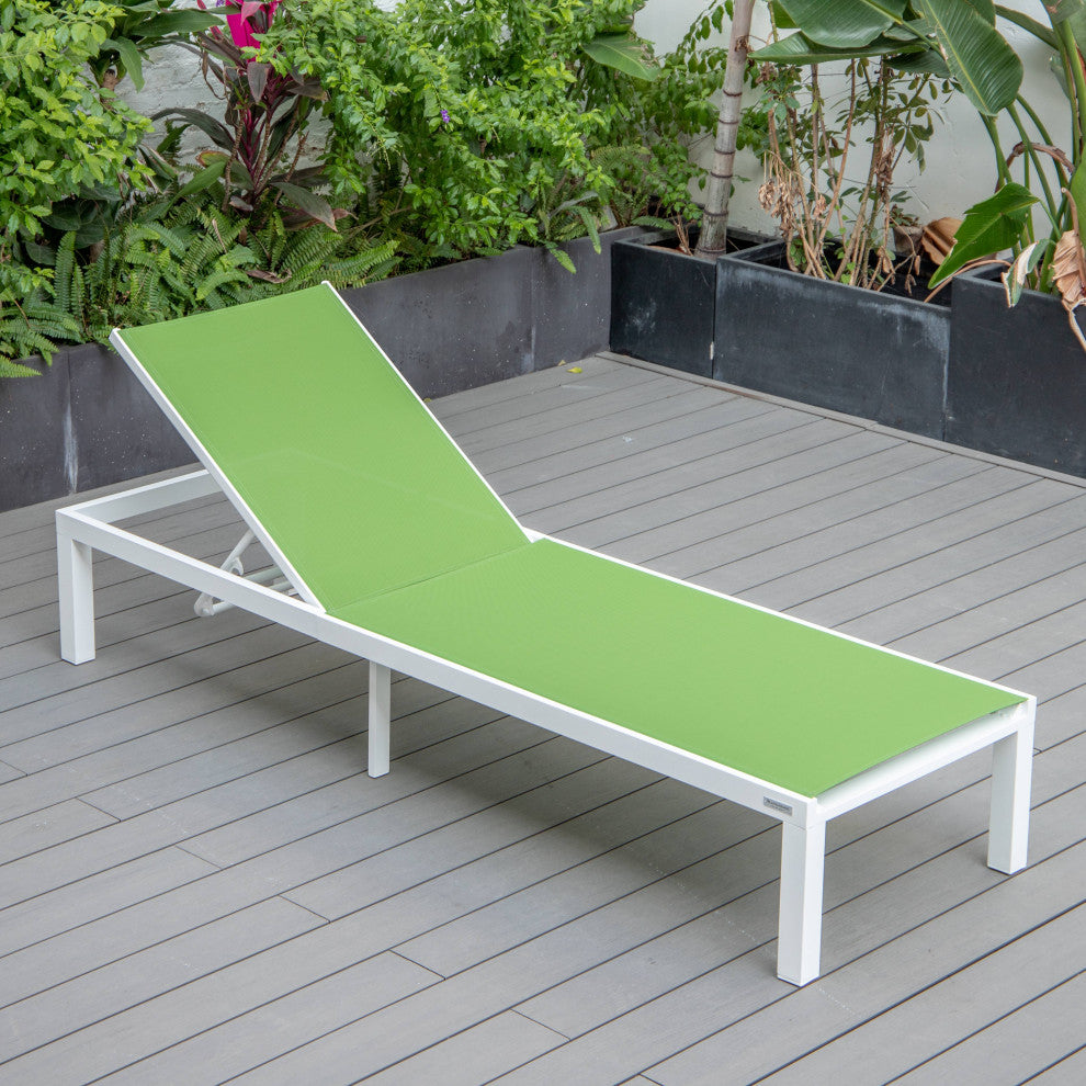 LeisureMod Marlin Patio Chaise Lounge Chair With White Frame, Green