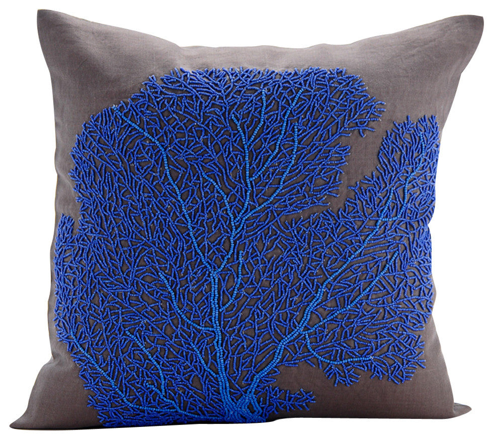 Blue Decorative Pillow Covers 14"x14" Cotton, Royal Blue Sea Weeds