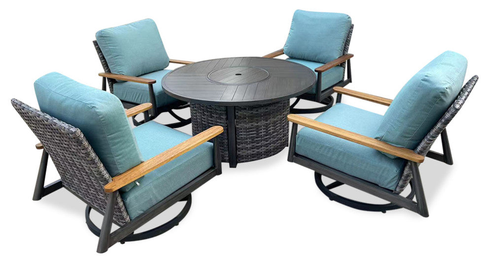Manbo 5-Piece Aluminum Wicker Outdoor Fire Pit Deep Seating Set with Cushions, Cast Breeze Acrylic