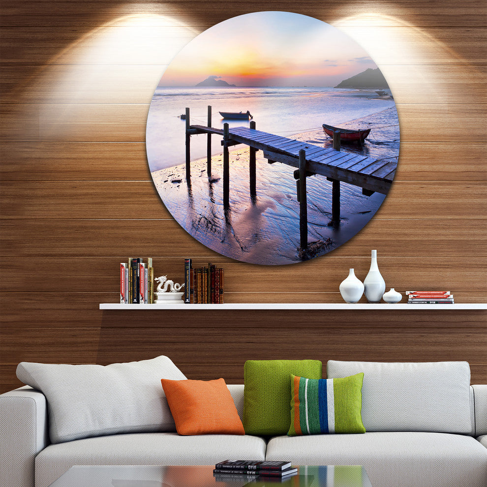 Old Wooden Pier At Sunset, Seascape Photo Round Wall Art, 11"
