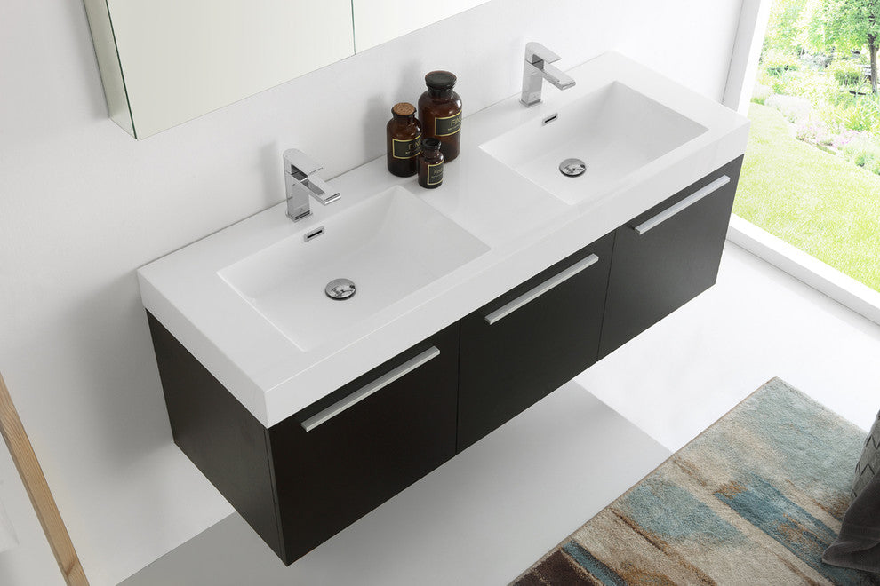 Vista 60" Black Wall Hung Double Sink Modern Bathroom Vanity, FFT1030BN