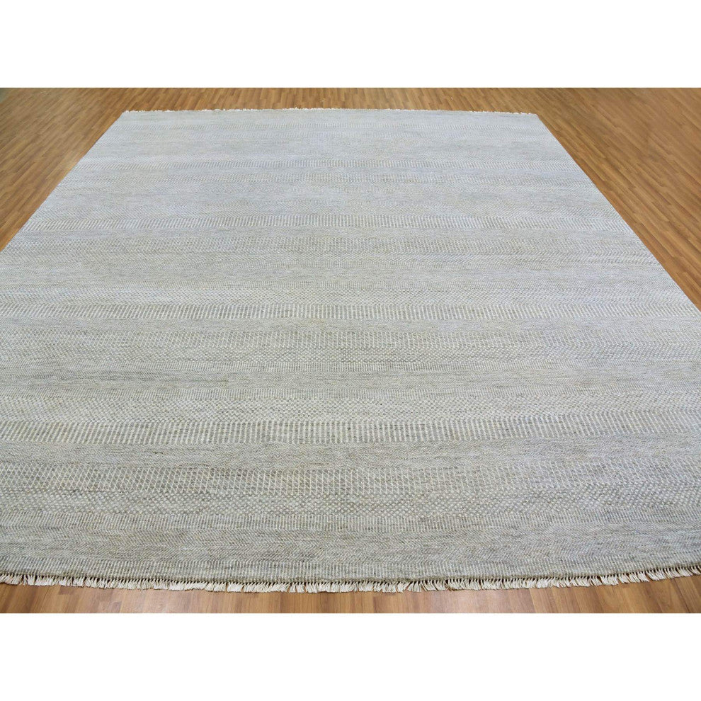 Olive Gray Grass Design Natural Undyed Wool Hand Knotted Square Rug 12'x12'4"