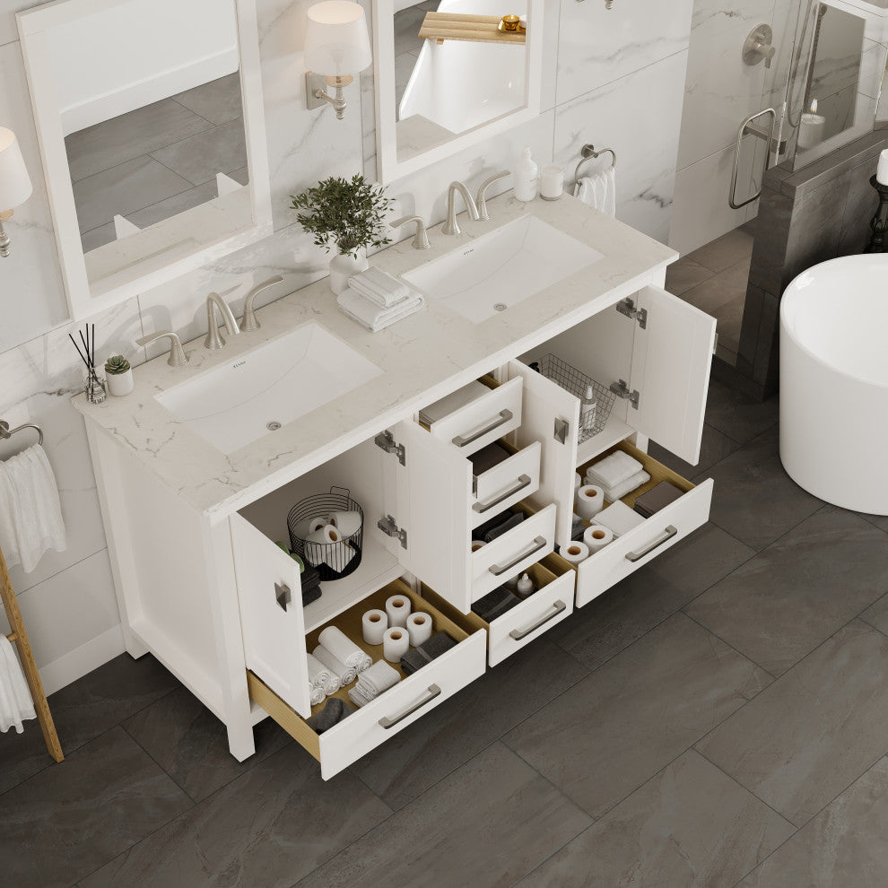 Eviva Aberdeen 60"Wx22"D Double Sink Bathroom Vanity, Quartz Countertop