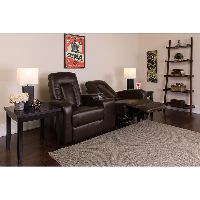 2-Seat Push Button Motorized Reclining Brown Leather Theater Seating