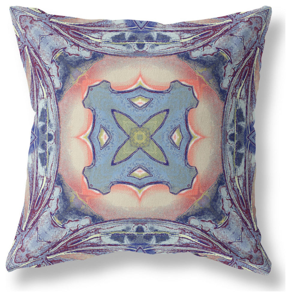 18" Indigo Peach Geo Tribal Indoor Outdoor Throw Pillow