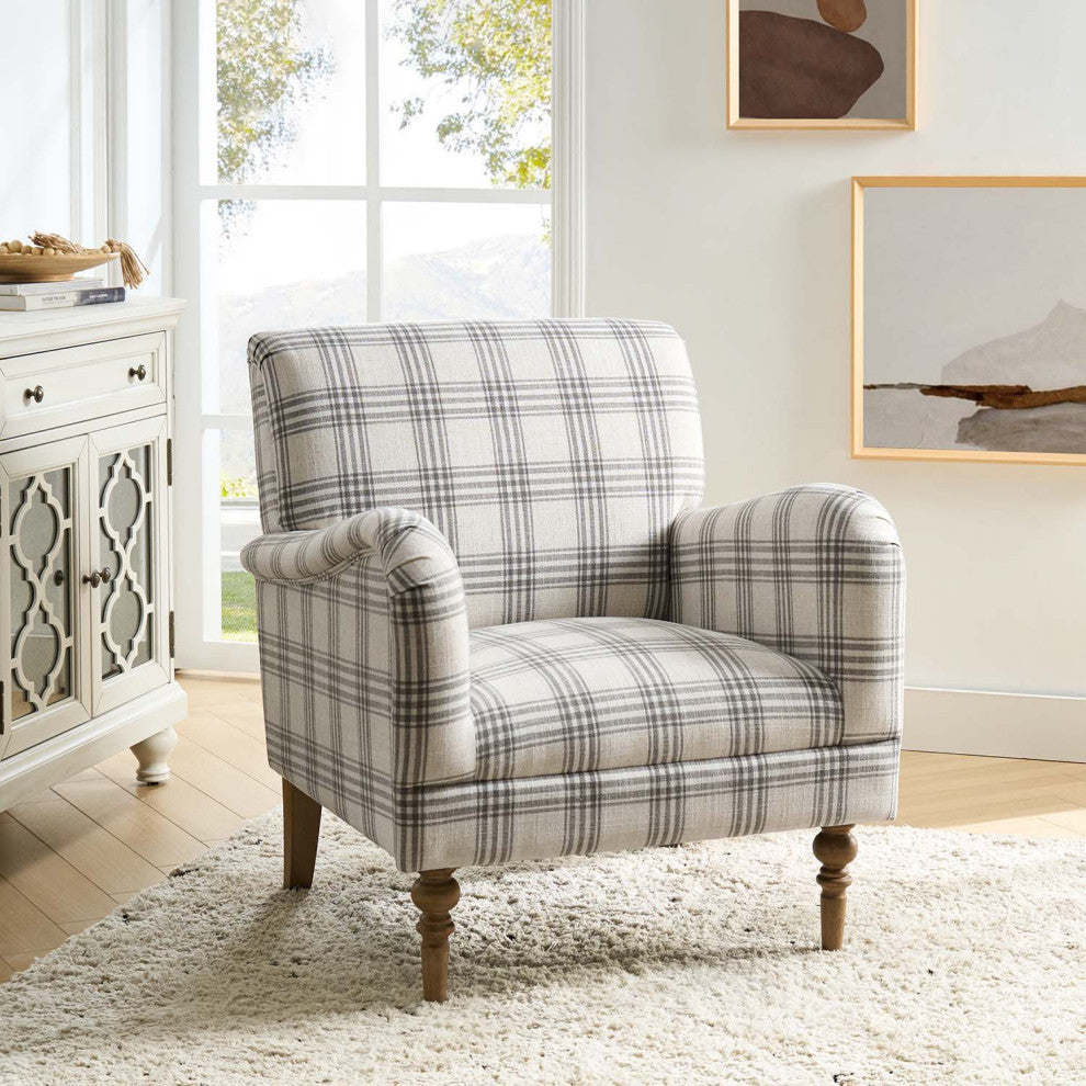 Upholstered Armchair With Checkerboard Pattern, Gray