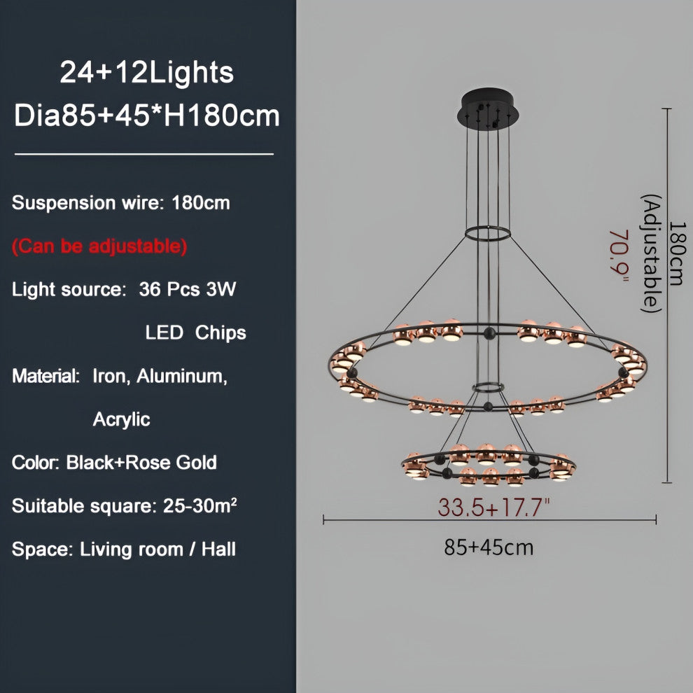 Irgoli | Ring Design LED Rose Gold Decor Hanging Chandelier for Living Room, 2 Rings, Cool Light, Non-Dimmable