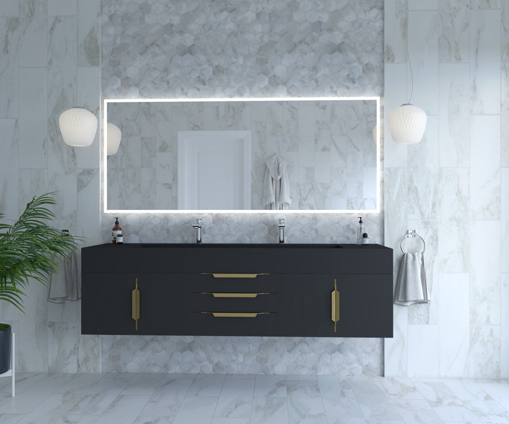 CastelloUSA Nile 72" Wall Mounted Bathroom Vanity Set, Black, Black Top, Gold Handles
