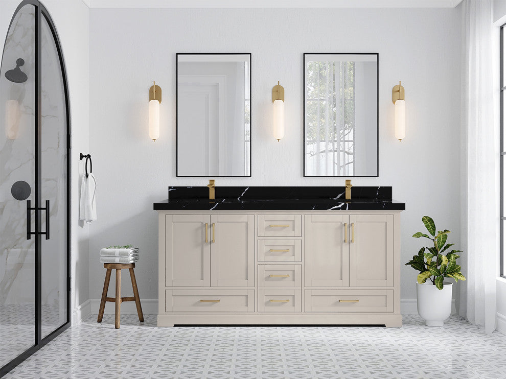 Boston 72" Double Sink Bath Vanity in Fine Grain 2" Calacatta Black