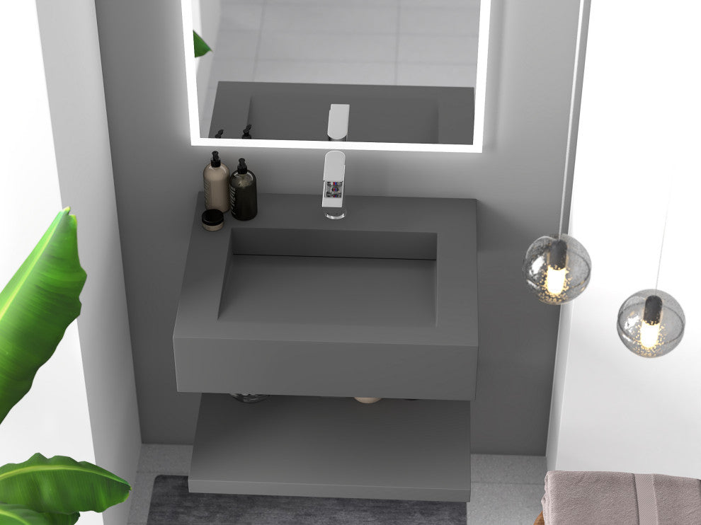 CastelloUSA Pyramid Solid Surface Wall Mounted Ramp Basin Sink, Gray, 24", Standard