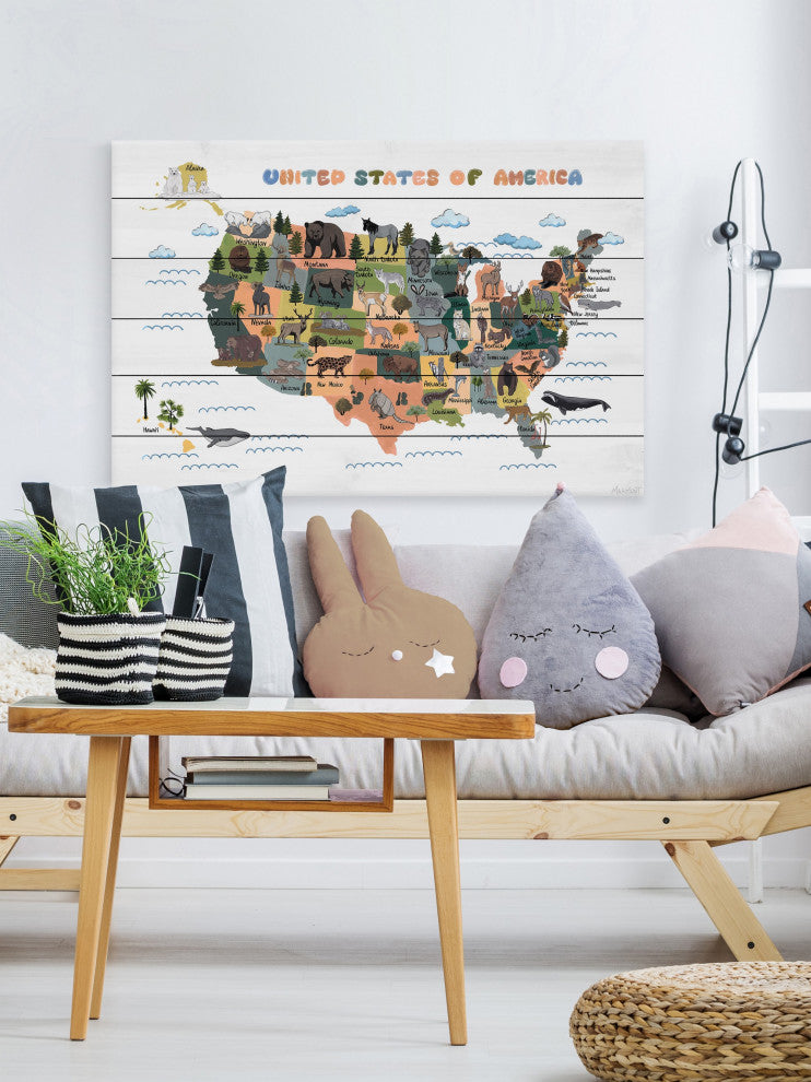 "Colorful US Animals Map" Painting Print on White Wood, 12x8