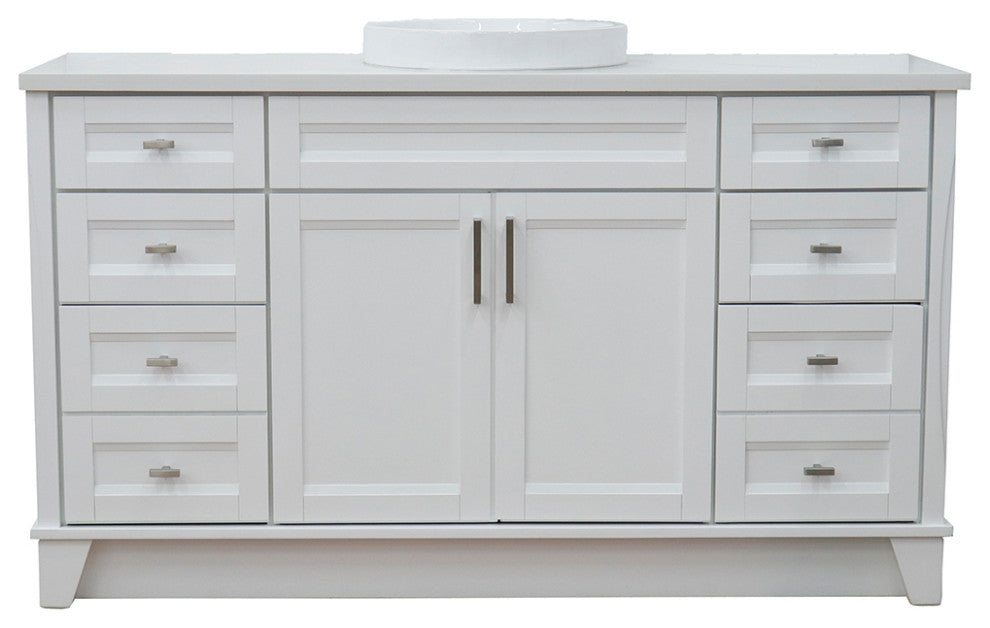 61" Single Sink Vanity, White Finish And Engineered Stone Top And Round Sink