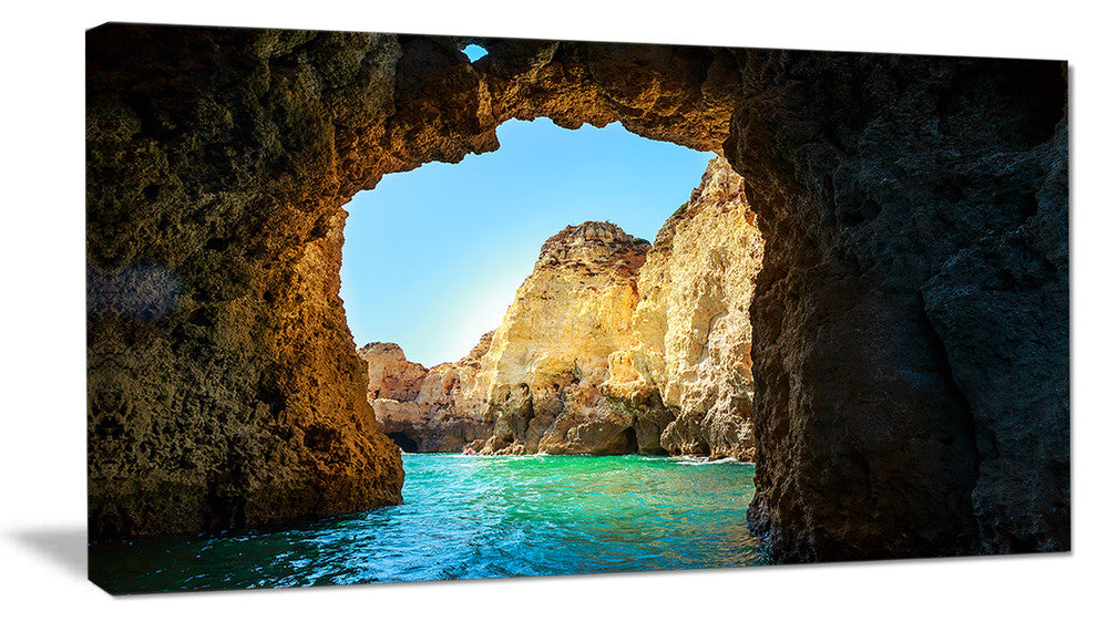 "Sea Through Rocky Cave Portugal" Seashore Wall Art, 60"x28", 1 Panel