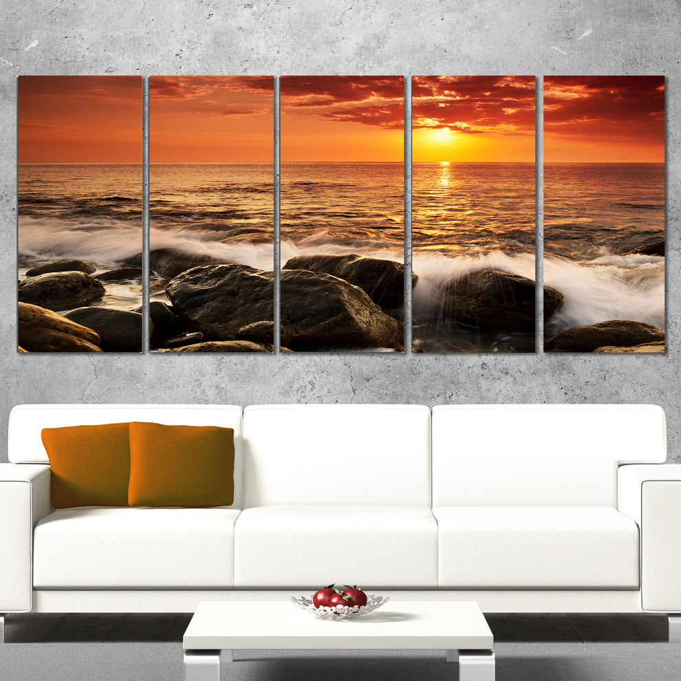 "Bright Sunset Over Rocky Shore" Modern Seashore Canvas Art, 5 Panels, 60"x28"