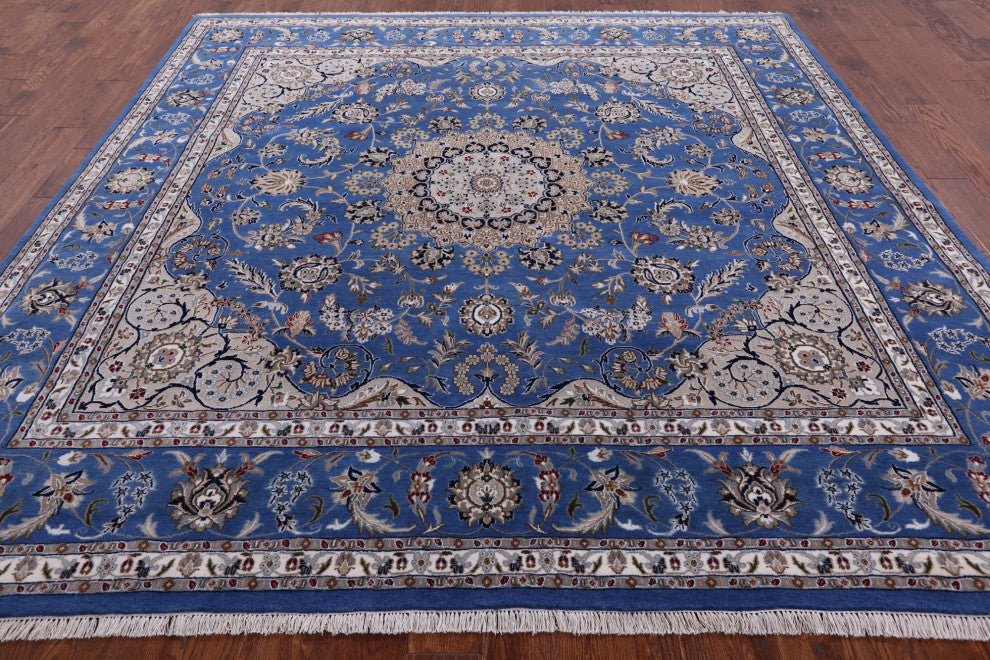 9' Square Persian Nain Handmade Wool and Silk Rug Q6139